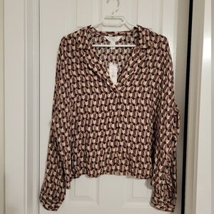 Brand New Addition elle Geometric Patterned Blouse in Beige and Brown Siz 1X